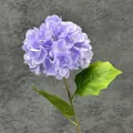 Realistic single stem purple silk hydrangea with dense petals and green leaves - Light Purple