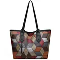 Patchwork-Einkaufstasche in Kontrastfarben mit geometrischem Muster und geprägtem Leder - Grau und Braun Patchwork