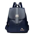 Deep blue faux leather backpack for women with pebbled texture and gold kangaroo logo - Blue