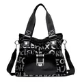 Schwarze Ledertasche mit silbernem Graffiti-Print und Metall-Drehverschluss - Buchstabe Schwarz