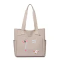 Beige canvas tote bag with pink floral embroidery and top handles for women - Khaki