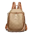 Vintage brown quilted backpack for women featuring MEIXING letter prints and kangaroo logo - Khaki