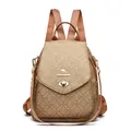 Brown monogram printed backpack with golden kangaroo lock and adjustable straps - Khaki