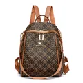 Vintage dark brown printed backpack for women with luxury PVC leather and gold metal logo - Brown