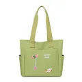 Fruit green canvas tote bag with pink floral embroidery and functional pockets - Green