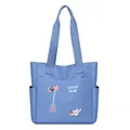 Light blue embroidered tote bag with flower pattern and wide shoulder strap for women - Blue
