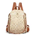 Vintage beige and brown PVC backpack with geometric patterns and golden metal logo - ML Cream White