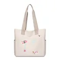 Borsa tote in tela beige con ricamo floreale rosa e tasche laterali esterne - Bianco Sporco