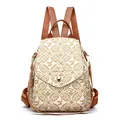 Beige and brown diamond lattice printed backpack with gold twist lock and PU texture - ML Off-white