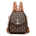 Coffee brown printed backpack with rhombus texture and golden kangaroo logo latch - Straw Brown