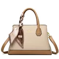 Beige and brown lychee grain leather tote bag with decorative silk scarf and shoulder strap - Apricot