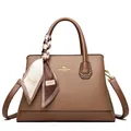 Brown lychee grain leather tote bag with decorative silk scarf and gold hardware - Khaki