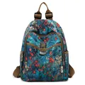 Floral print canvas backpack with vintage blue and orange patterns and brown straps - Autumn Maple Leaf