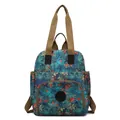 Multifunctional floral backpack in teal with red botanical patterns and front pocket - Blue