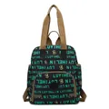 Black canvas backpack with green lettering and golden cartoon motif print - Letter Green