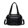 Sac à main noir en cuir lavé avec multiples poches zippées et rivets métalliques - Style Moto (838-4) / Noir