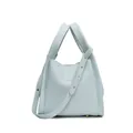 Minimalist light blue lychee pattern leather bucket bag with golden rivet shoulder strap - Blue