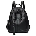 Litchi pattern black leather backpack with woven zipper pulls and side pockets - Black