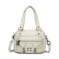 Sac bandoulière en cuir délavé blanc crème avec rivets et détails tissés - Style Moto (838-4) / Blanc Cassé