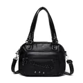 Black washed leather biker handbag with punk rivets and heart charm woven chain - Woven Heart Style (838-3) / Black