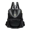 Black woven faux leather anti-theft backpack with golden kangaroo logo for women - Woven Design / Black