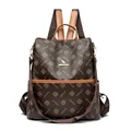 Dark brown leather backpack with monogram pattern and gold kangaroo metal emblem - Monogram Print Style / Brown