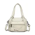 Cream white washed leather motor bag with punk rivets and woven texture details - Woven Heart Style (838-3) / Off-white