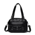 Black washed leather shoulder bag with punk silver rivets and multi-zipper pockets - Rivet Flap Style (838-2) / Black