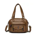 Dark brown vintage washed leather satchel with multiple pockets and woven handle details - Rivet Flap Style (838-2) / Brown