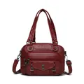 Deep red washed leather punk style boston bag with woven details and metal rivets - Rivet Flap Style (838-2) / Red