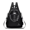 Zaino da donna nero in pelle a grana con tasche multiple e cerniere argentate - Nero