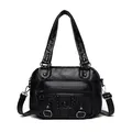 Black washed leather hobo bag with punk rivets and multi-pocket woven design - Vintage Woven Style (838-1) / Black