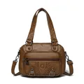 Brown washed leather Boston bag with woven details, rivets and multiple zipper pockets - Vintage Woven Style (838-1) / Brown
