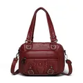 Burgundy washed leather motorcycle bag with woven pockets and silver rivets - Vintage Woven Style (838-1) / Red