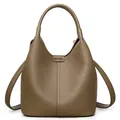 Sac seau en cuir grainé vert olive avec poignée supérieure et bandoulière - Kaki