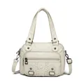 Cream white washed leather boston bag with woven details and punk studs for women - Vintage Woven Style (838-1) / Off-white