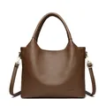 Dark brown leather bucket bag with lychee texture and adjustable shoulder strap - Brown