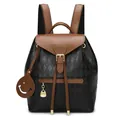 Quilted black backpack with brown trim, drawstring closure, and a smiley face charm - Khaki