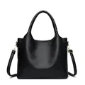 Minimalist black lychee texture leather tote bag with handle and adjustable shoulder strap - Black