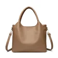 Brown litchi grain leather handbag with round handles and adjustable shoulder strap - Khaki
