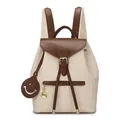 Beige quilted drawstring backpack with brown trim and cute round smiley charm - Off White