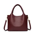 Elegant burgundy leather tote bag with lychee texture and detachable strap for women - Red