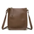 Brown pebble grain genuine leather crossbody mini phone bag with top zipper and slim strap - Brown