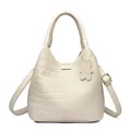 Beige leather bucket bag featuring crocodile and lychee texture with bear charm - Crocodile Pattern Creamy White