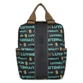 Zwarte nylon rugzak met blauwgroen merkpatroon en verticaal leren banddetail in het midden - Letter Groen