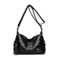 Classic black litchi pattern leather hobo bag with tassel and adjustable strap - Black