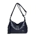 Deep blue leather shoulder bag with pebbled texture and fringe tassel detail - Dark Blue