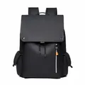Business style black matte coated leather travel backpack with orange zipper details - Black