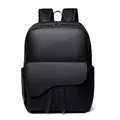 Men's black woven leather business backpack with saddle design and litchi texture - Saddle Flap Pendant Style (Style 3)