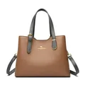 Elegant brown and grey pebbled leather crossbody handbag with golden kangaroo logo - Khaki